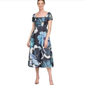 Kay Unger Navy and Light Blue Floral Midi Dress